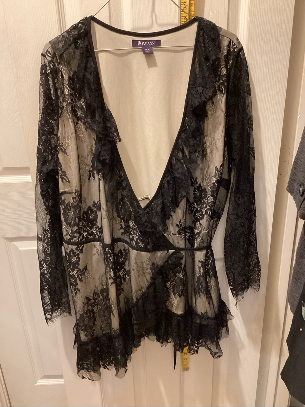 Roaman's Black Sheer Lace Wrap Top